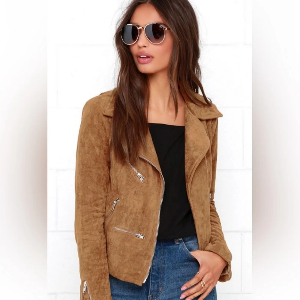 Lulus Vegan Suede Cropped Assymetrical Moto Jacket Tan Womens Medium